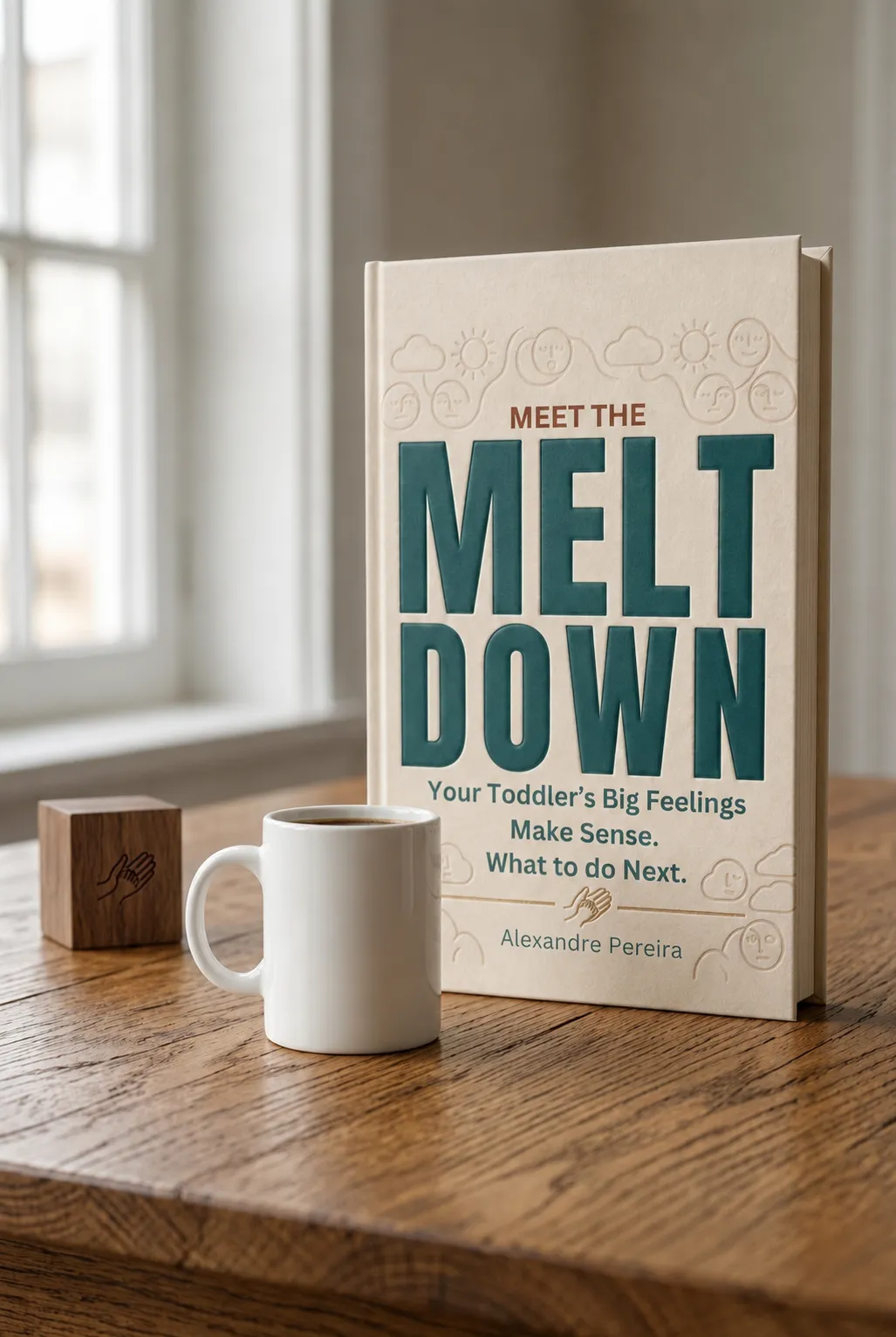 Meet the Meltdown, the book, standing on a wooden table beside a mug of coffee.