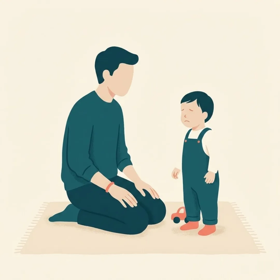 A parent kneeling to a toddler's eye level.
