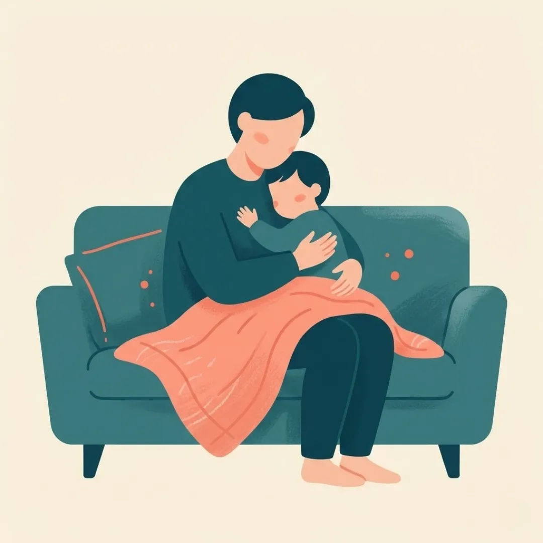 A parent holding a child close on a couch after a hard moment.