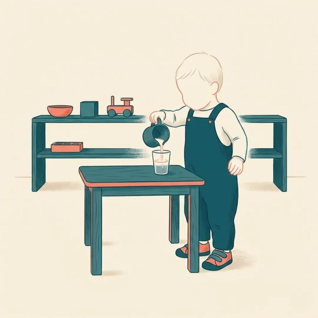A toddler pouring water at a low, accessible table.