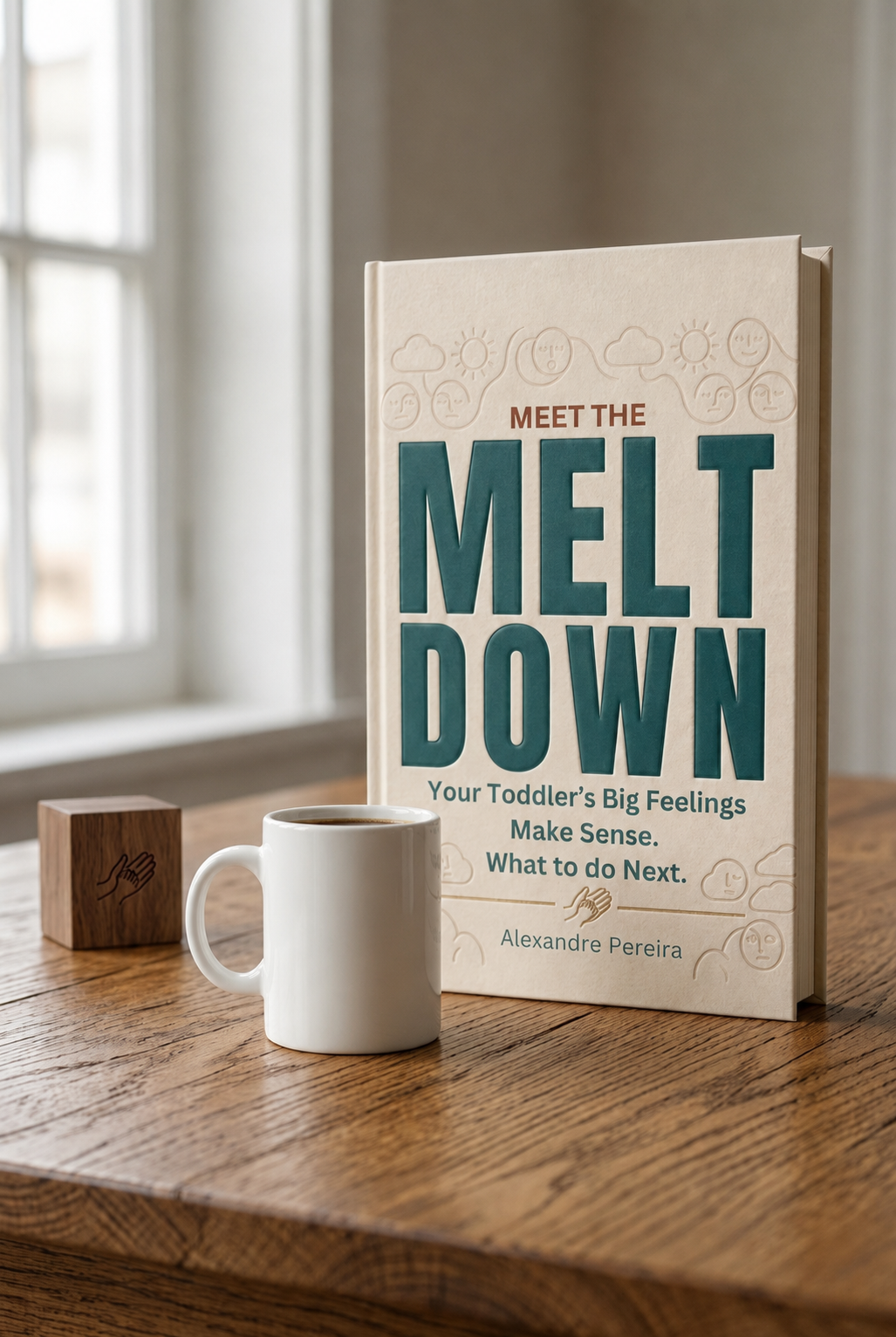 Meet the Meltdown, the book, standing on a wooden table beside a mug of coffee.