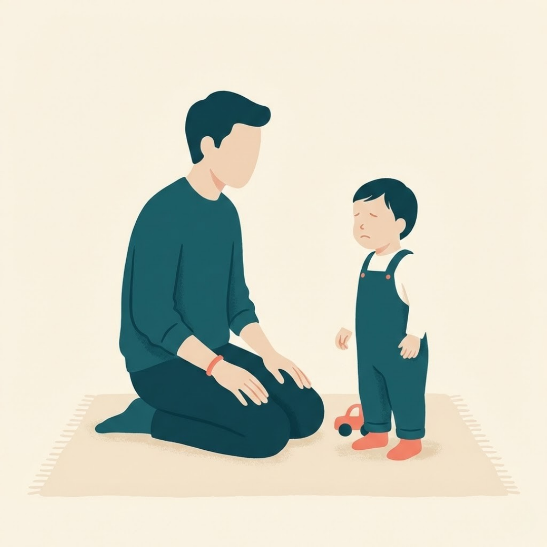 A parent kneeling to a toddler's eye level.