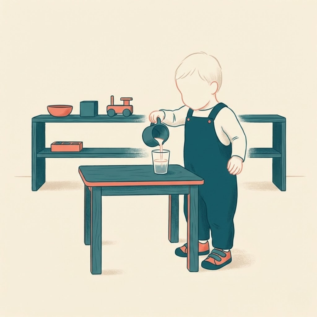 A toddler pouring water at a low, accessible table.